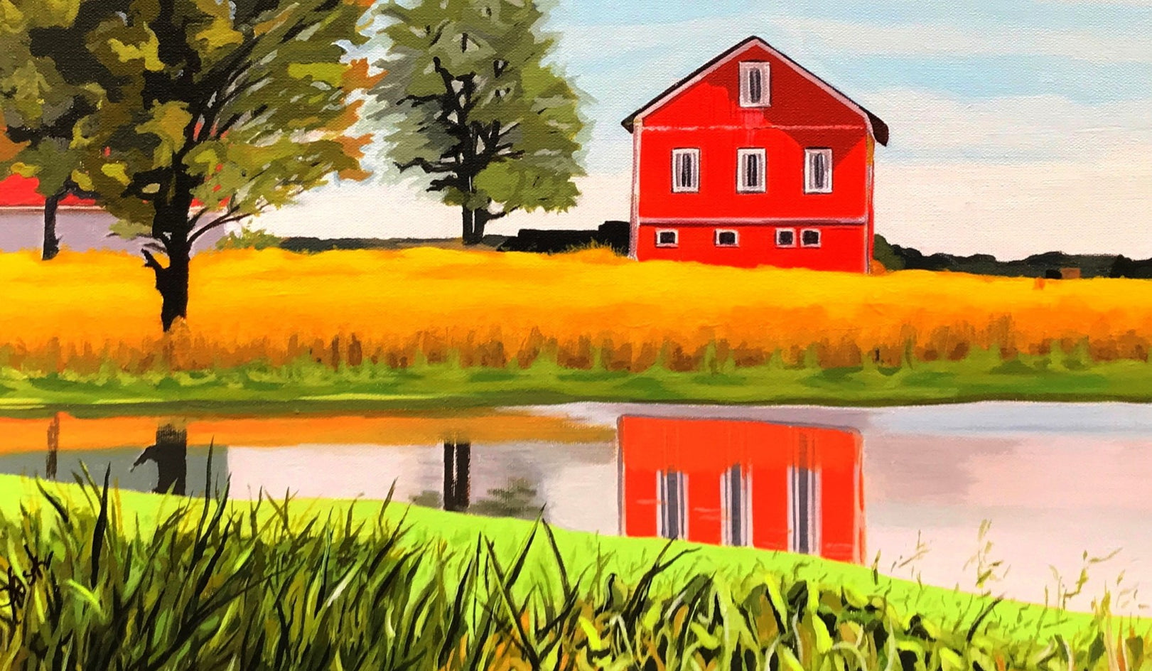 Red Barn Reflections by John Jaster |  Closeup View of Artwork