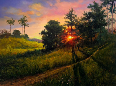 oil painting by Jose Luis Bermudez titled Magic Sunset: The Golden Symphony of Nature