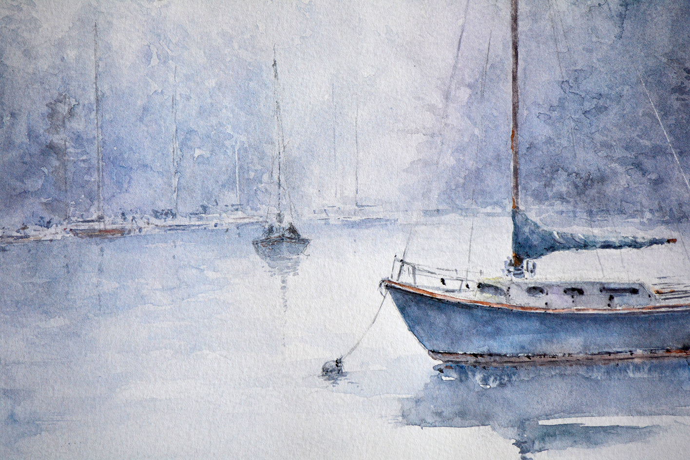 In the Misty Mooring by Judy Mudd |  Closeup View of Artwork