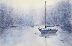 Original art for sale at UGallery.com | In the Misty Mooring by Judy Mudd | $975 | watercolor painting | 12' h x 18' w | thumbnail 1