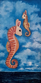 oil painting by Kat Silver titled Bunny Seahorse Couple