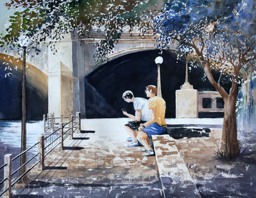 watercolor painting by Maurice Dionne titled Waiting