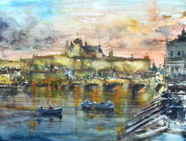 watercolor painting by Maximilian Damico titled Prague River and Castle at Dusk