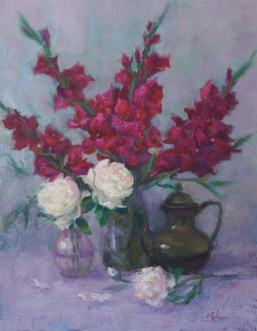 Original art for sale at UGallery.com | Gladiolas and Peonies by Oksana Johnson | $1,775 | oil painting | 28' h x 22' w