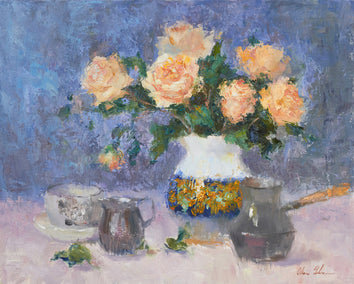 oil painting by Oksana Johnson titled Yellow Roses and Italian Vase
