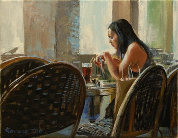 oil painting by Onelio Marrero titled A Break from Shopping