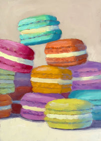 oil painting by Pat Doherty titled Colorful Macarons
