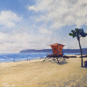 acrylic painting by Samuel Pretorius titled Sunny Coronado Beach and Lifeguard Tower