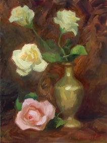 oil painting by Sherri Aldawood titled Roses in Brass Vase