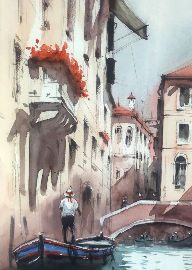 Sailing through Venice Canals by Swarup Dandapat |  Closeup View of Artwork