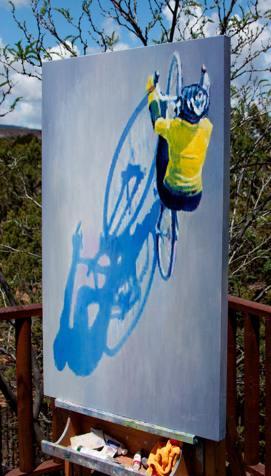 Spring Cycling in Yellow by Warren Keating |  Side View of Artwork