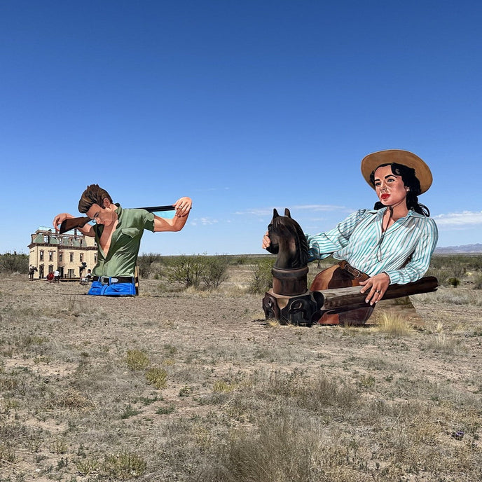  A large outdoor mural in Marfa, Texas titled the Giant Movie Tribute, photo credit Ron Rendon Instagram, @searcher9346 