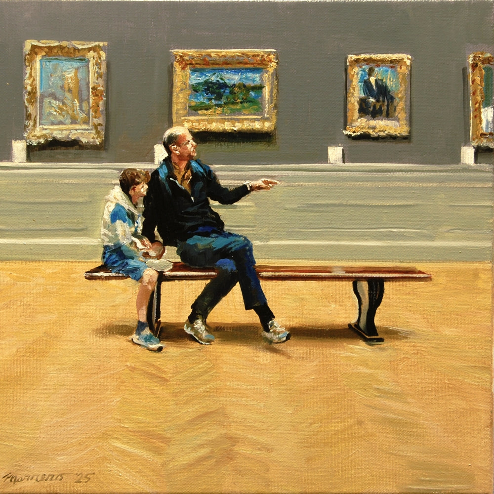  A Day of Discovery by Onelio Marrero featuring a father and son discussing artwork in a gallery 