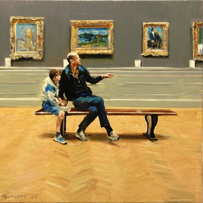  A Day of Discovery by Onelio Marrero featuring a father and son discussing artwork in a gallery 