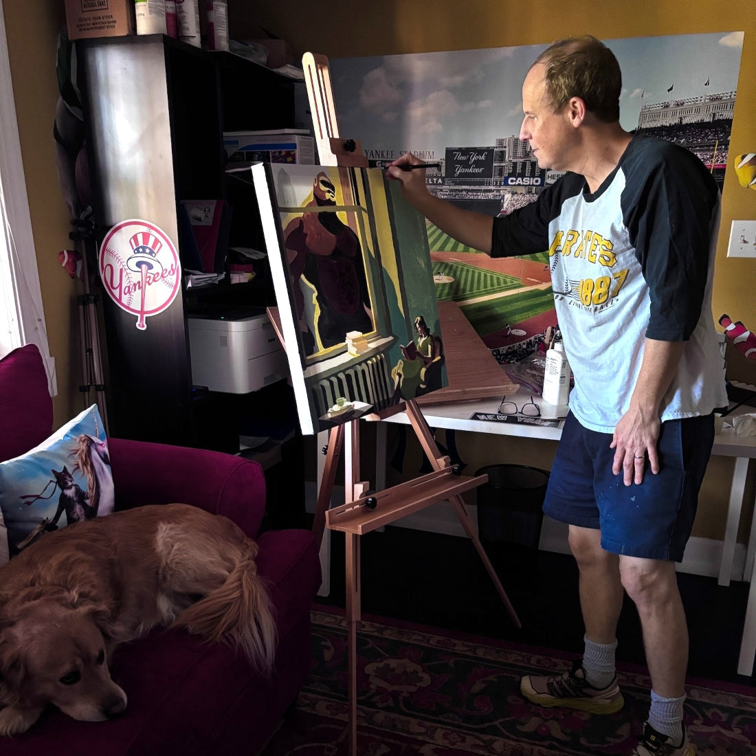  Artist Keith Thomson painting in his home studio 