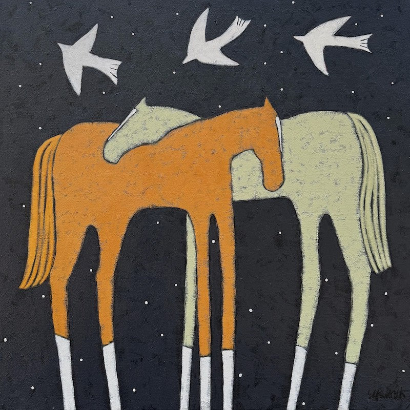  A modern painting by artist Jaime Ellsworth of two horses standing under a starry sky with three birds. 