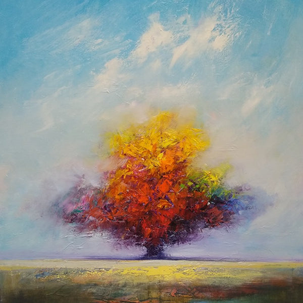  Expressionist painting by artist George Peebles of a colorful autumn tree against a blue sky 