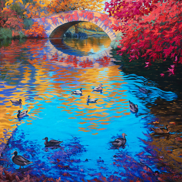  Impressionist painting by artist Stanislav Sidorov of a pond in Central Park with ducks and autumn foliage. 