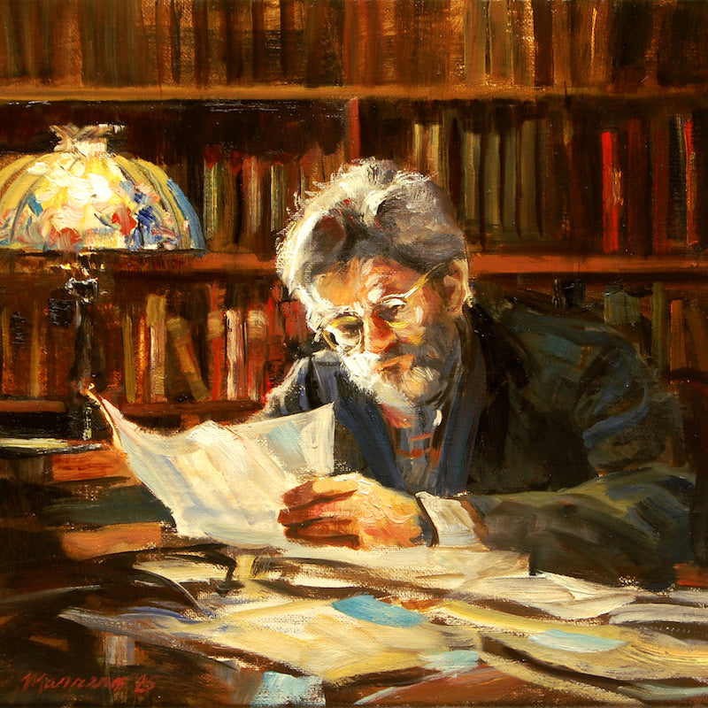  Impressionist oil painting by artist Onelio Marrero of a man reading in a library 