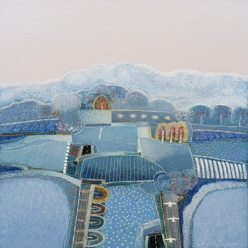  A modern oil painting by artist Rob van Hoek of rural fields in blue and gray tones on a light gray background 