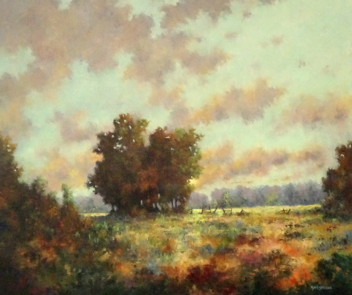  Impressionist painting by artist Gail Greene of a landscape with trees under a cloudy sunset sky. 
