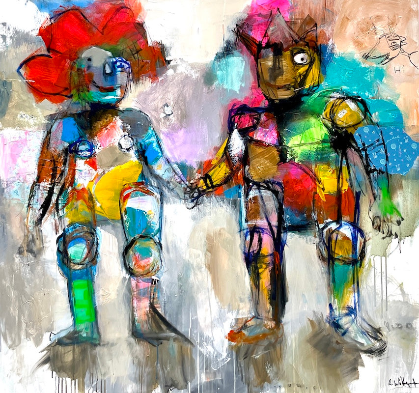  Expressionist painting by artist Allen Wittert of two figures holding hands with vibrant colors and brushstrokes. 
