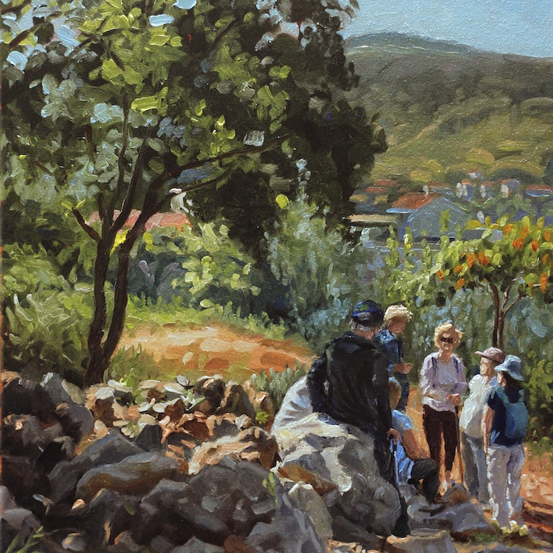  Impressionist painting by artist Hugh Masterson of a group of people sitting under a tree in a scenic outdoor setting. 