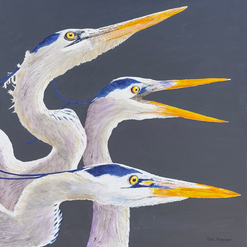  A realistic animal painting by artist Emil Morhardt depicting three great blue herons 