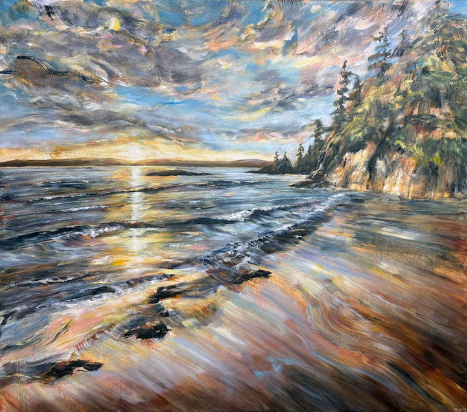 Impressionist painting by artist Tiffany Blaise of a beach with trees at sunset 