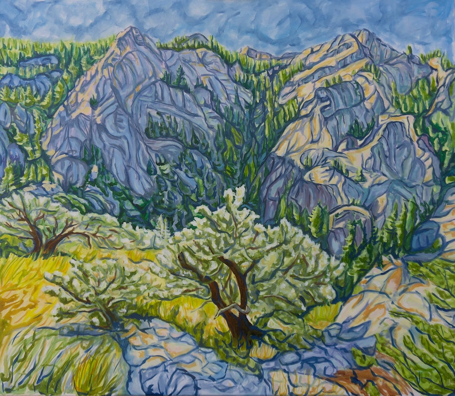  An impressionist landscape painting by artist Crystal DiPietro of green trees and grass along a mountain range. 