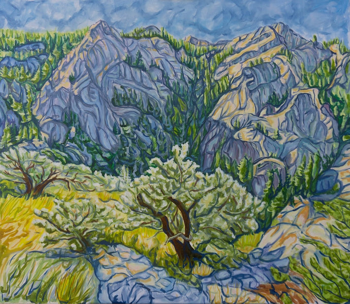  An impressionist landscape painting by artist Crystal DiPietro of green trees and grass along a mountain range. 