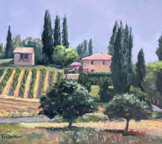  An impressionistic landscape painting by artist Faye Vander Veer of a Tuscan vineyard and farmhouse, featuring tall cypress trees, terraced grapevines, a pink umbrella, and a lavender sky. 