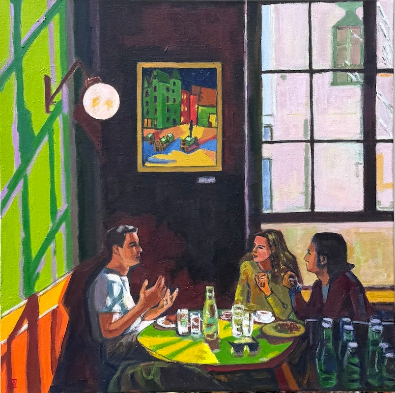  A modernist painting by artist Laura (Yi Zhen) Chen of three people sitting around a table in a sunlit cafe, with a bright green wall, window, and a framed city scene hanging on the wall. 