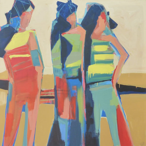  Abstract painting by artist Gail Ragains of three figures in colorful clothing on a beige background 