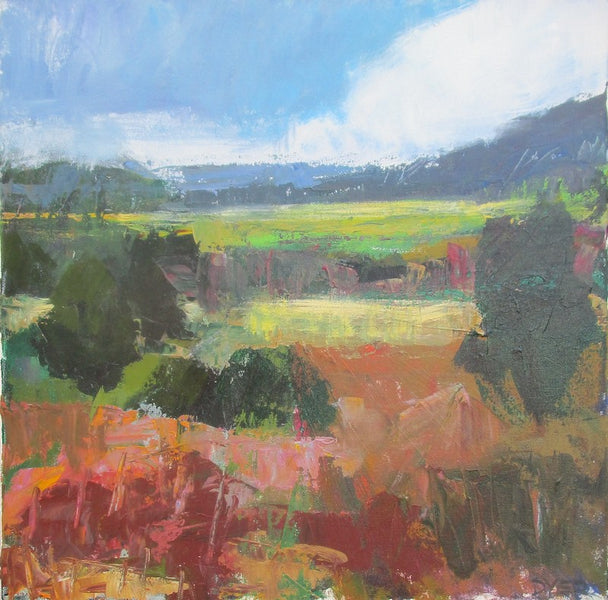  Colorful landscape painting by artist Janet Dyer of fields and trees under a blue sky 