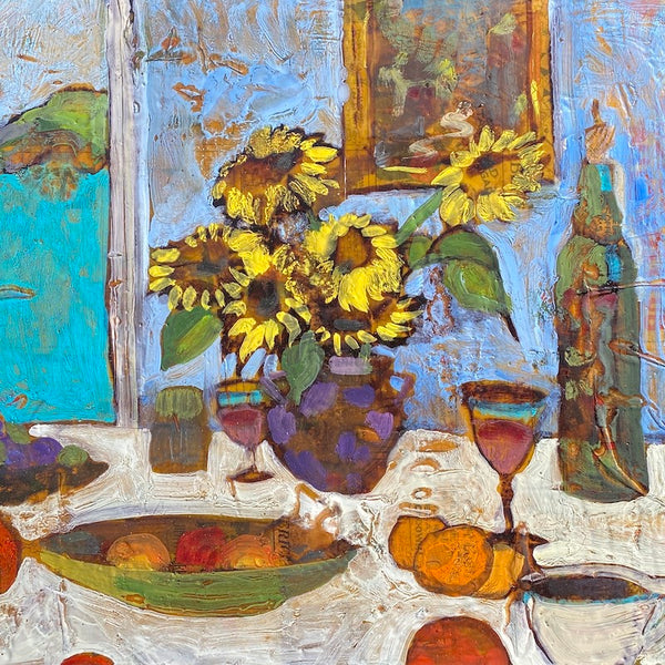 Still life painting by artist James Hartman of sunflowers and fruit on a table. 