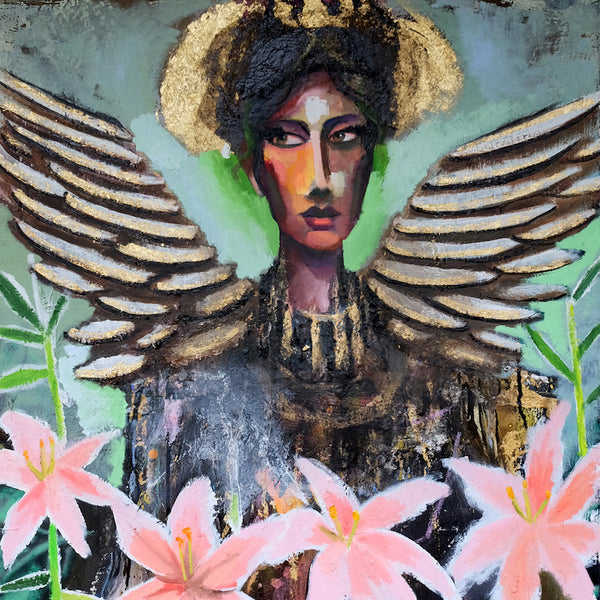  Portrait of an angel by artist Scott Dykema featuring metallic wings and surrounded by lilies 
