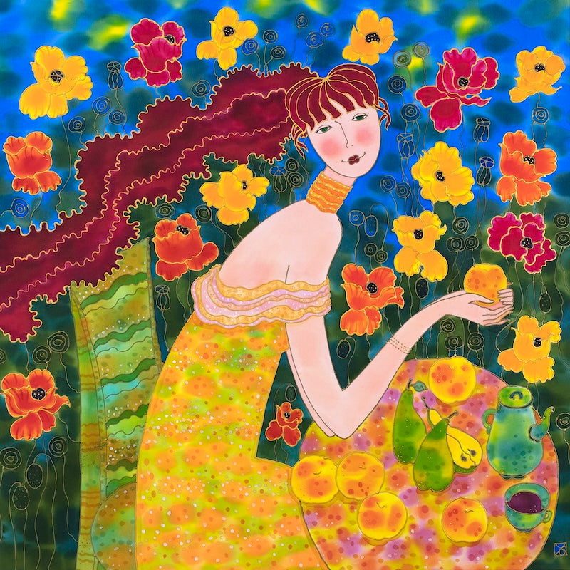  Vibrant fantasy-style painting by artist Yelena Sidorova of a woman with red hair in a patterned yellow dress, surrounded by colorful flowers, green pears, and whimsical creatures on a bright blue background. 