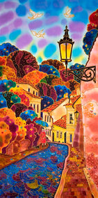 mixed media artwork by Yelena Sidorova titled Blue Umbrella. Street in Prague.