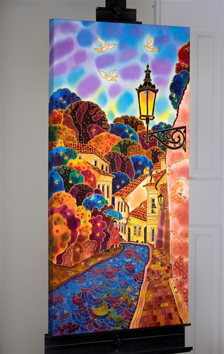 Blue Umbrella. Street in Prague. by Yelena Sidorova |  Side View of Artwork 