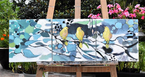 Original art for sale at UGallery.com | Feathered Yellow by Mary Pratt | $1,400 | oil painting | 12' h x 36' w | thumbnail 3