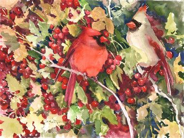 watercolor painting by Suren Nersisyan titled Cardinal Birds in the Woods