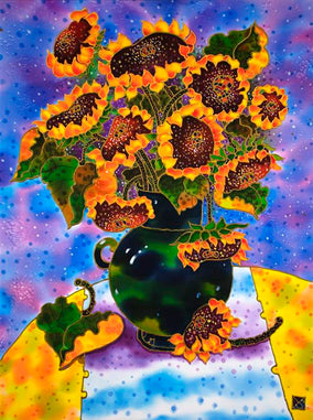 Original art for sale at UGallery.com | Sunflowers in Green Vase by Yelena Sidorova | $600 | mixed media artwork | 24' h x 18' w