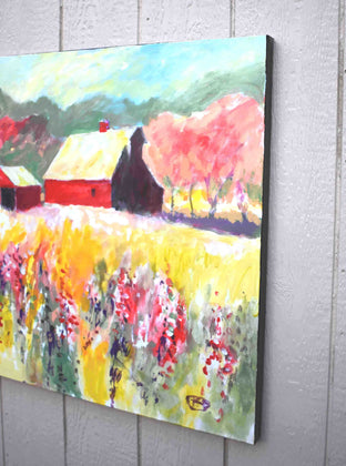 Red Barn near Orchard by Kip Decker |  Side View of Artwork 