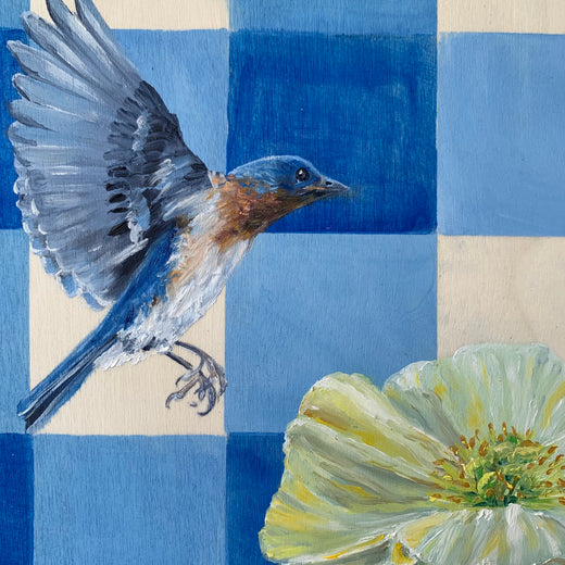 Bluebird and Icelandic Poppy by Alana Clumeck |   Closeup View of Artwork 
