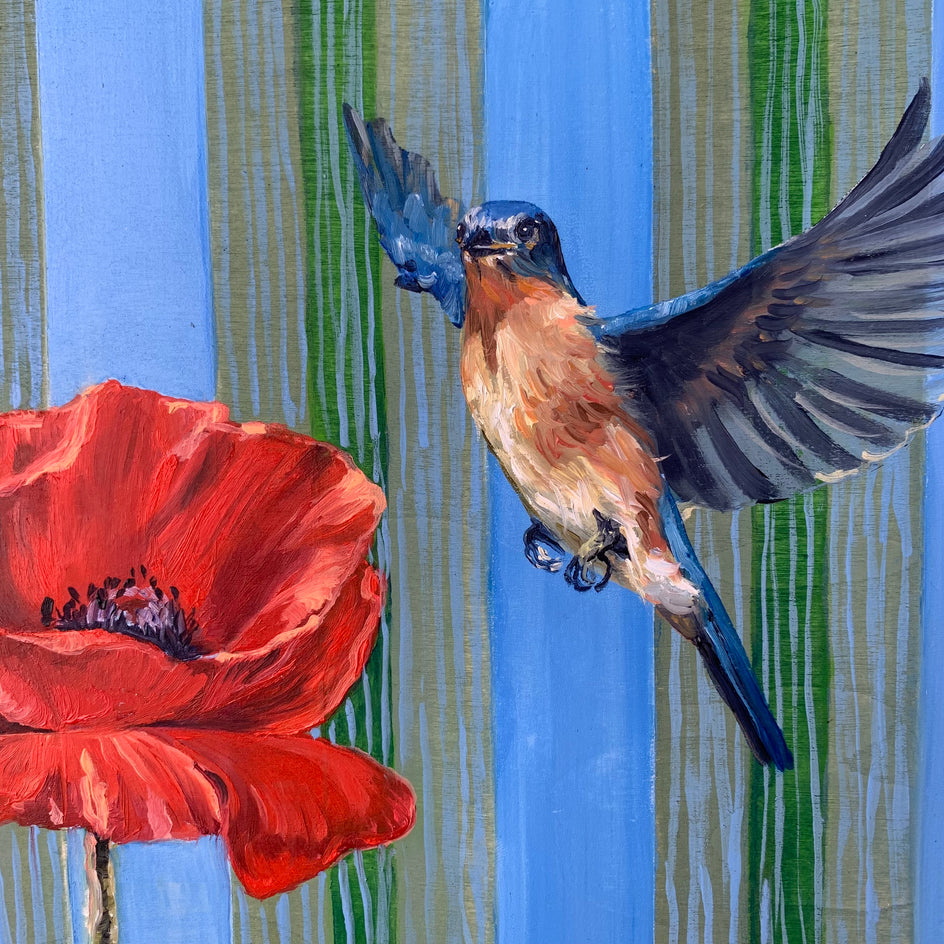 Bluebird and Poppy by Alana Clumeck |  Closeup View of Artwork 
