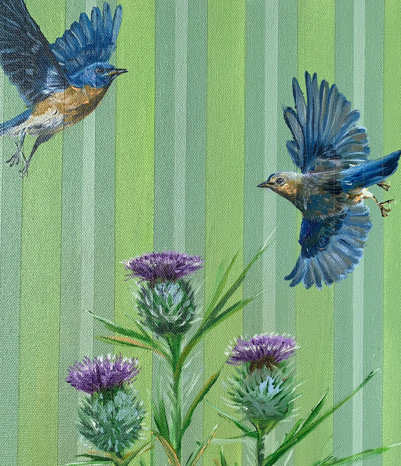 Bluebird Flight with Thistles by Alana Clumeck |  Closeup View of Artwork 