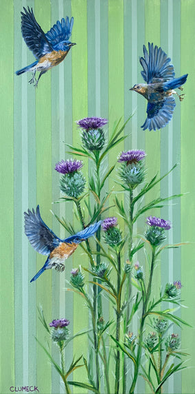 Original art for sale at UGallery.com | Bluebird Flight with Thistles by Alana Clumeck | $450 | oil painting | 24' h x 12' w
