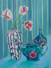 oil painting by Alana Clumeck titled Pottery & Petals