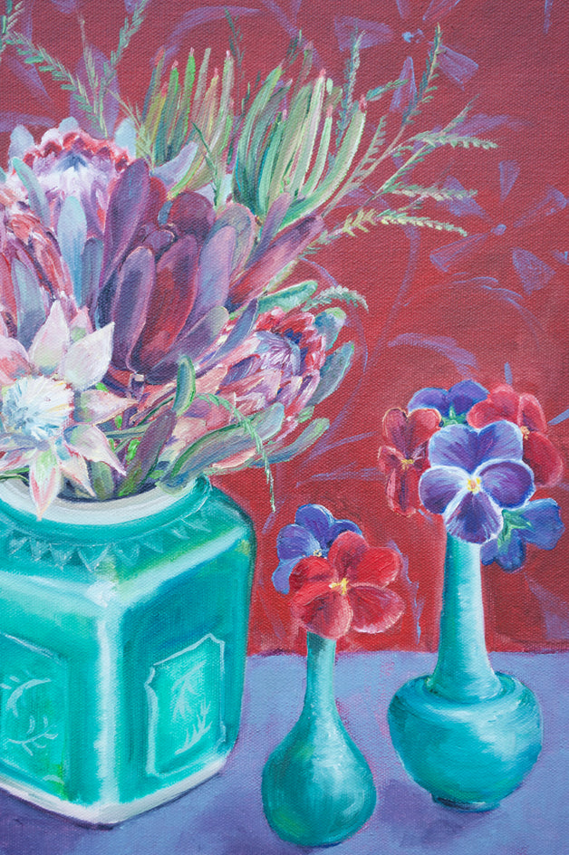 Protea & Pansies by Alana Clumeck |  Closeup View of Artwork 
